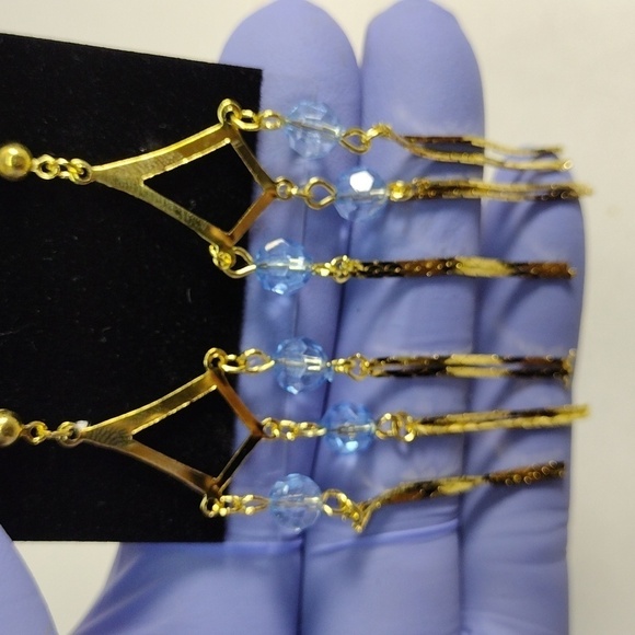 Women's Stunning Gold tone & Blue Beads Fringed Chandelier 3" Drop Earrings - Picture 6 of 7